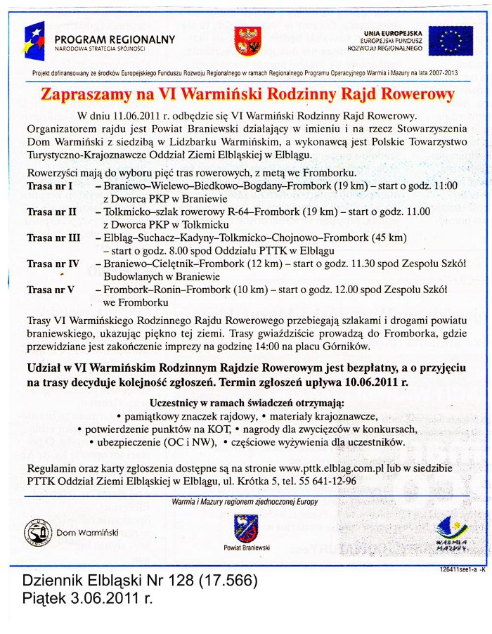 Zapraszamy na VI Warmiński Rodzinny Rajd Rowerowy