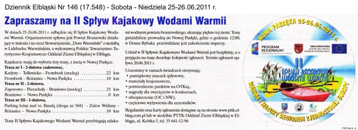 Zapraszamy na II Spływ Kajakowy Wodami Warmii