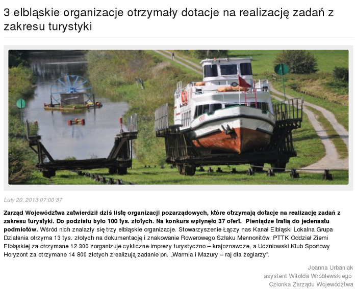 3 elbląskie organizacje otrzymały dotacje na realizację zadań z zakresu turystyki